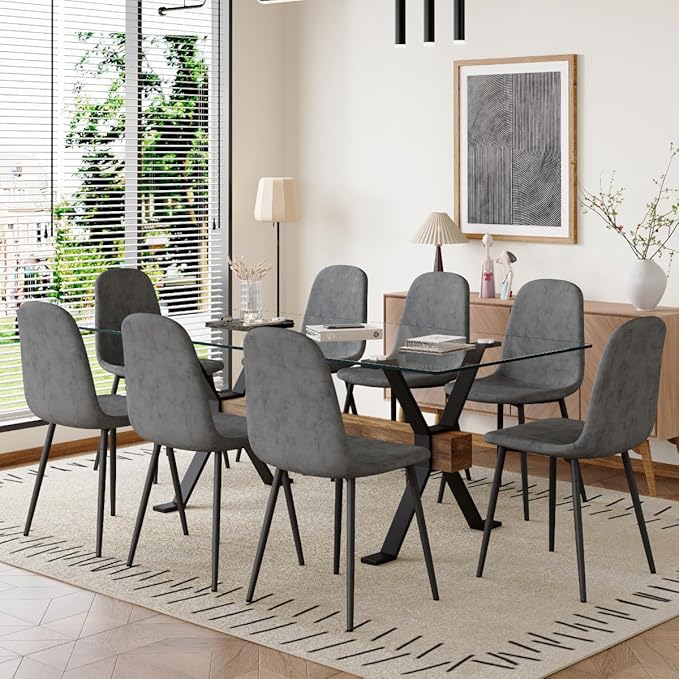 9 Piece Glass Dining Table Set, Kitchen Table Chairs Set for 8, 71'' Dining Table with 0.4" Tempered Glass Tabletop with Plated Metal Legs and MDF Crossbar, 8 Chairs for Dining Room, Kitchen.