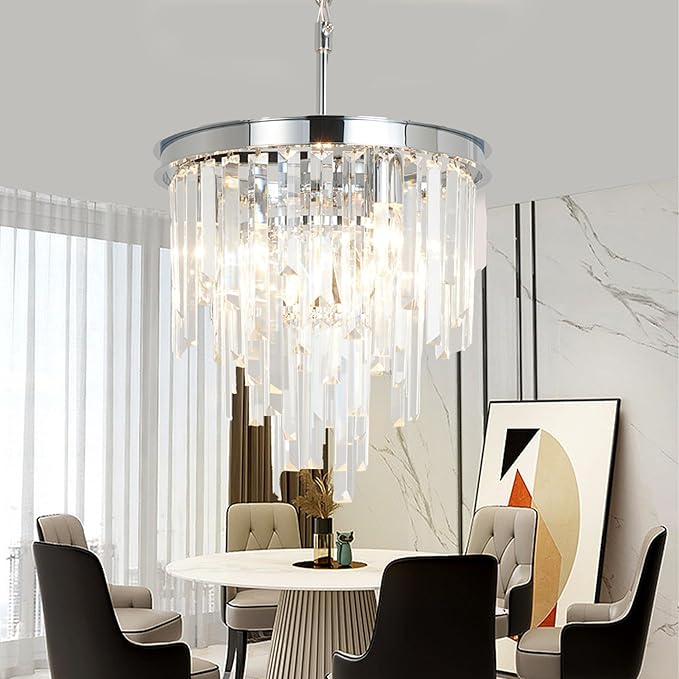 13.8'' Modern Crystal Chandelier, Chrome Round Ceiling Light with Clear Prisms, Luxury Flush Mount Lighting Fixture for Dining Room Bedroom Foyer