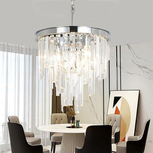 13.8'' Modern Crystal Chandelier, Chrome Round Ceiling Light with Clear Prisms, Luxury Flush Mount Lighting Fixture for Dining Room Bedroom Foyer