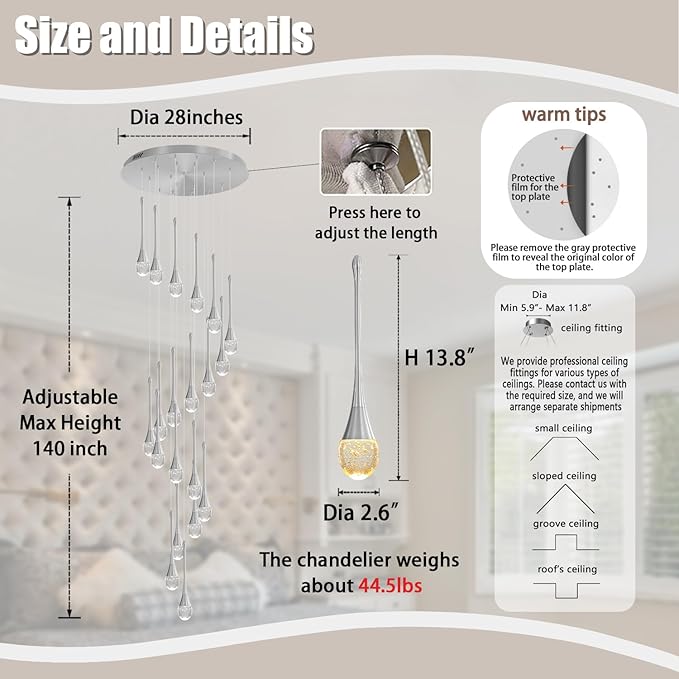 H138 Modern Chandelier for High Ceiling 26-Lights Chrome Raindrop Chandeliers Crystal Pendant Light Fixture Large Chandelier for Staircase Foyer Villa Dimmable LED Hanging Light
