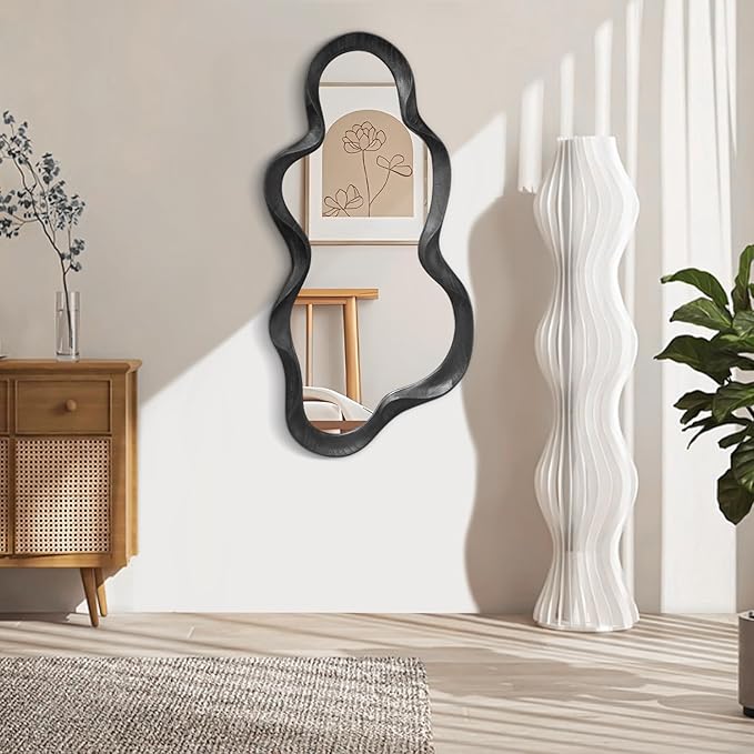 Irregular Wooden Framed Wall Mirror Modern Asymmetrical Unique Hanging Mirror Artistic Unique Cloud Shape Wall Decor Bathroom Vanity Bedroom Living Room Entryway Hallway Large