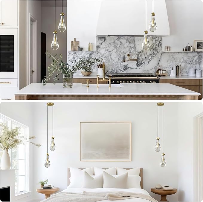Modern Raindrop Pendant Lights, Brass Cluster 2-Light Pendant Lights Kitchen Island, Gold Bedside Pendant Lighting, Adjustable Suspension Cord for Dining Room,Bathroom,Bedroom,Bulb Included