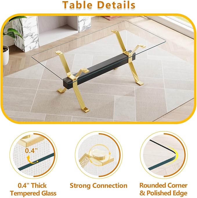 9 Piece Glass Dining Table Set, Kitchen Table Chairs Set for 8, 71'' Dining Table with 0.4" Tempered Glass Tabletop with Plated Metal Legs and MDF Crossbar, 8 PU Chairs for Dining Room, Kitchen.