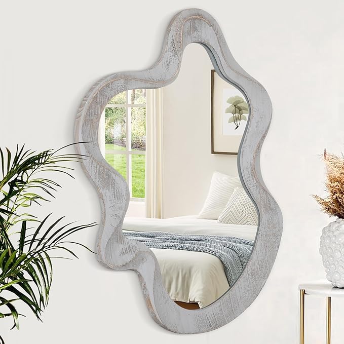 Irregular Wooden Framed Wall Mirror Modern Asymmetrical Unique Hanging Mirror Artistic Unique Cloud Wavy Shape Wall Decor Bathroom Vanity Bedroom Living Room Entryway Hallway Large