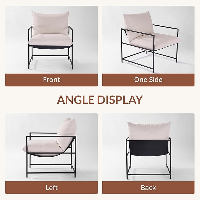 Sling Accent Chair Set of 2 with Metal Frame, Modern Armchair with Memory Foam Cushion, Comfy Lounge Chair for Living Room Bedroom Balcony, Beige