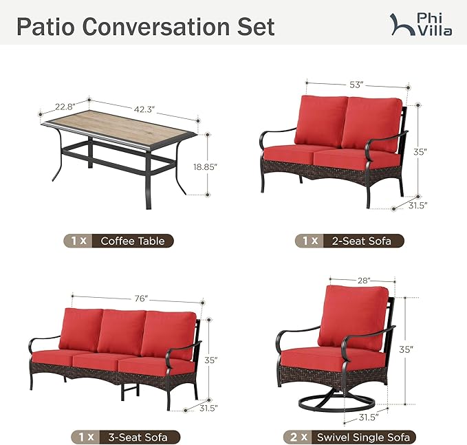 PHI VILLA Outdoor Modern Patio Furniture Set, Upgraded Wicker&Metal Patio Furniture Conversation Set with Waterproof Thick Cushions for Porch, Poolside, Deck, and Yard (5 Pieces,Red)