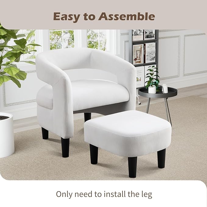 INZOY Modern Accent Chair with Ottoman for Small Space, Club Chair with Ottoman Set, Comfy Fabric Barrel Reading Chairs for Living Room Bedroom, Round Reading Chair with Foot Rest, White