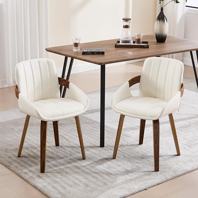 Dining Chairs Set of 2, Mid Century Modern Dining Room Chairs with Arms and Mid Back PU Leather Upholstered Bentwood Kitchen Chairs for Home Restaurant Office - Beige
