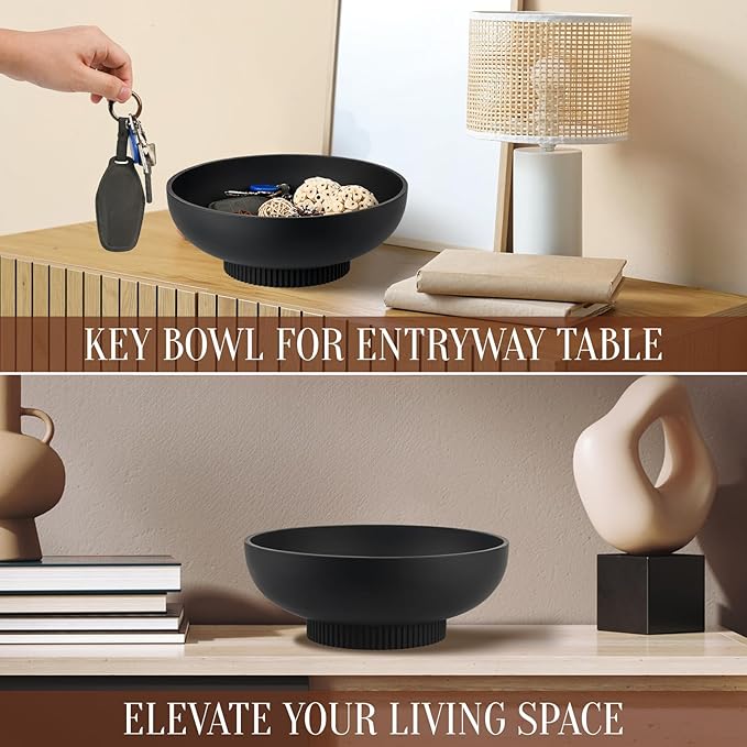 Large Resin Pedestal Decorative Bowl - Modern Handicraft Bowls for Home Decor - Fruit Bowl for Kitchen Counter - Key Bowl for Entryway Table,Matte Black