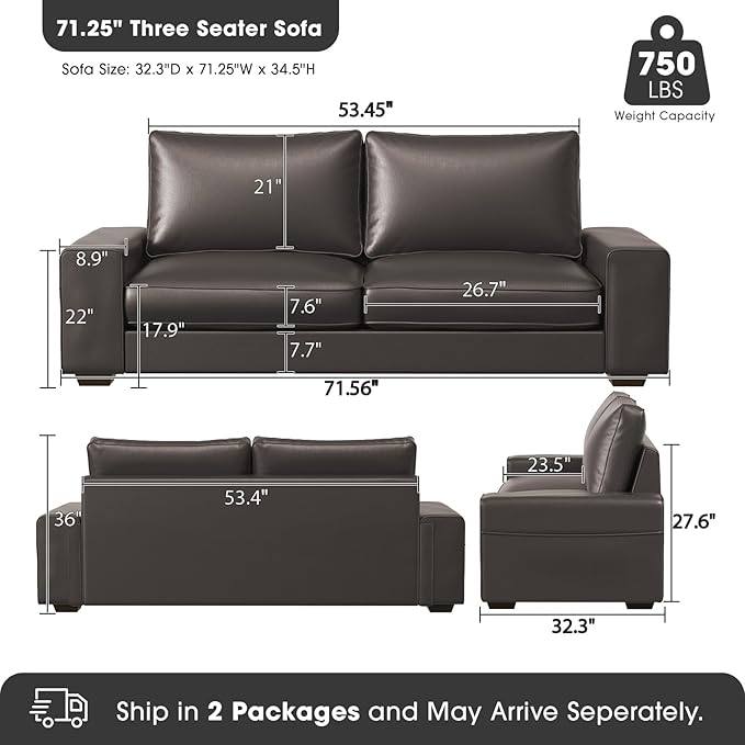 Faux Leather Couch, Mid Century Modern Comfy Loveseat Sofa with Wide Arm, Side Pockets, Solid Wooden Frame for Office, Living Room and Bedroom, 2 Seater (Gery, 71.25 Inches)
