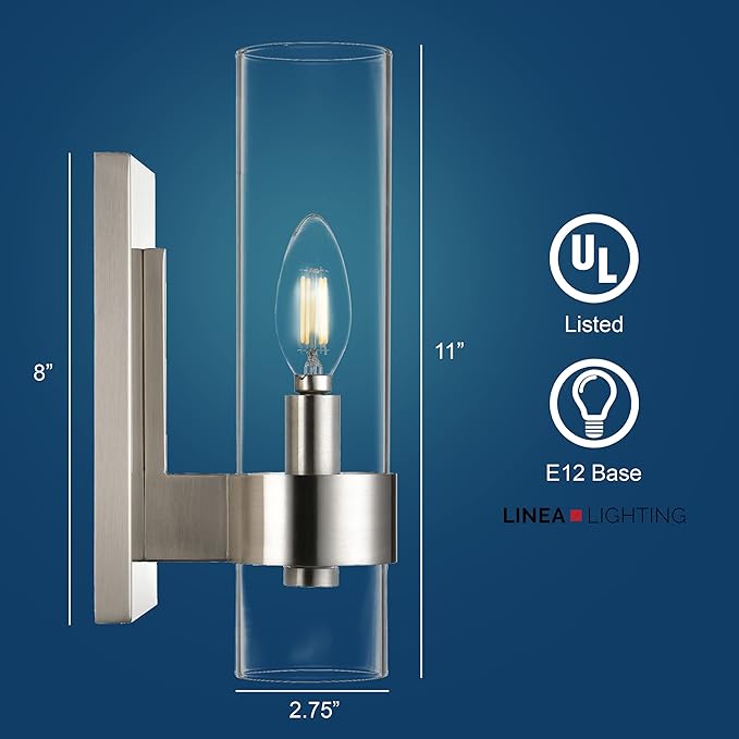 Linea di Liara Teramo Farmhouse Brushed Nickel Wall Sconce Wall Lighting Modern Bathroom Wall Sconces Wall Lights for Hallway and Bedroom Wall Sconce Lighting Fixture - Clear Glass Shade