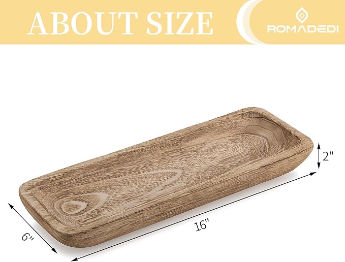 Romadedi Decorative Bowls for Home Decor, Wooden Dough Bowl for Decor, 16" Large Wood Bowl for Kitchen Table Centerpieces, Long Narrow Wooden Tray for Dining Table Decor Centerpiece