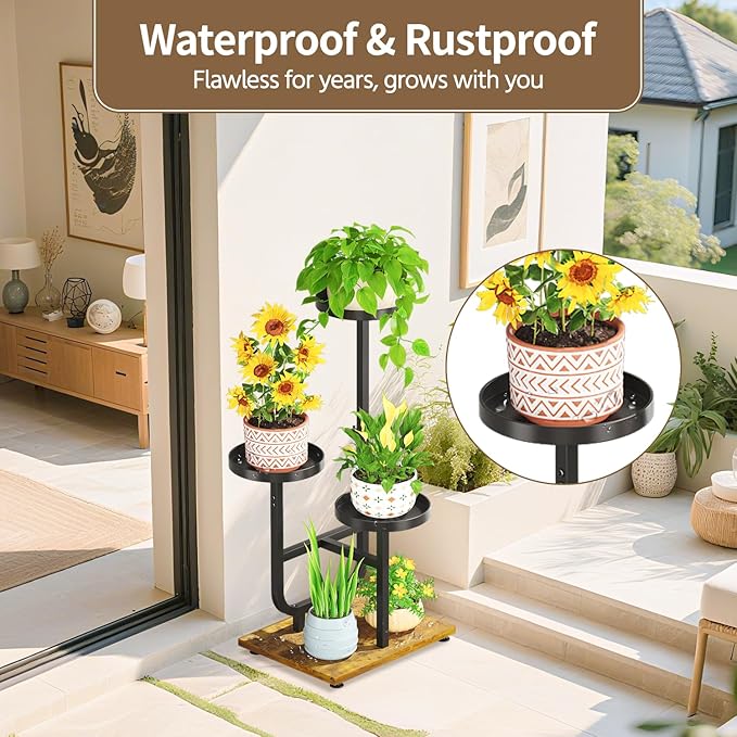 LASZOLA Black 3 Tier Tall Metal Plant Stand Indoor, Large Heavy Duty Planter Holder Rack for Vertical Corner, Sturdy Wrought Iron Spiral Multiple High Flower Organizer for Modern Patio House Bathroom