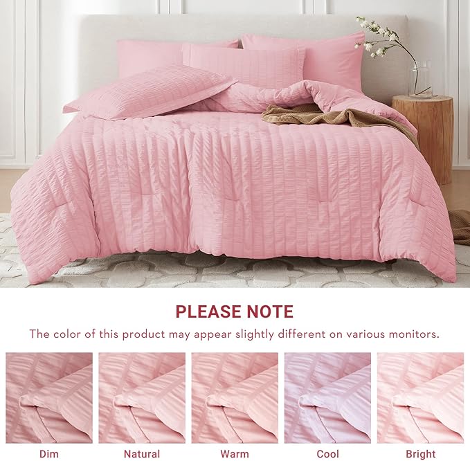 MUXHOMO 5 Pieces Twin Comforter Set, Seersucker Bed in a Bag Twin Size, All Season Luxury Bedding Set with Comforter, Flat Sheet, Fitted Sheet, Pillowcase & Sham, Pink
