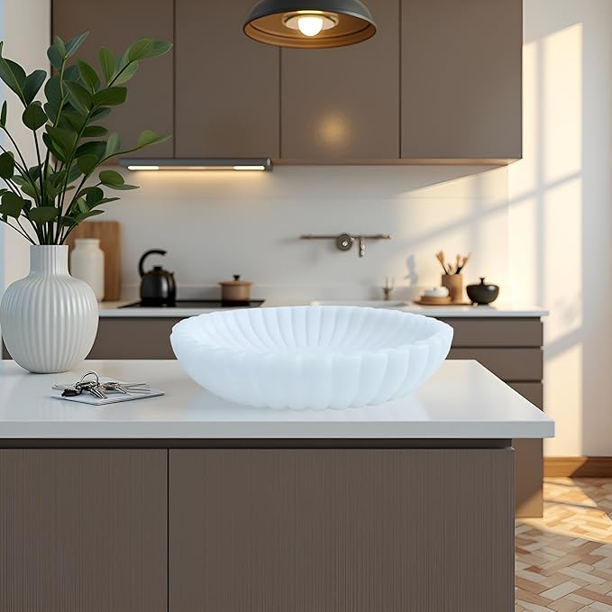 15" Large Decorative Bowl decor , Scalloped Decorative Bowls for Modern Home Decor,Ruffle Decor,Stylish Key Bowl for Entry Table,Decorative Fruit Bowl for Kitchen Counter,Artificial Stone Milky white