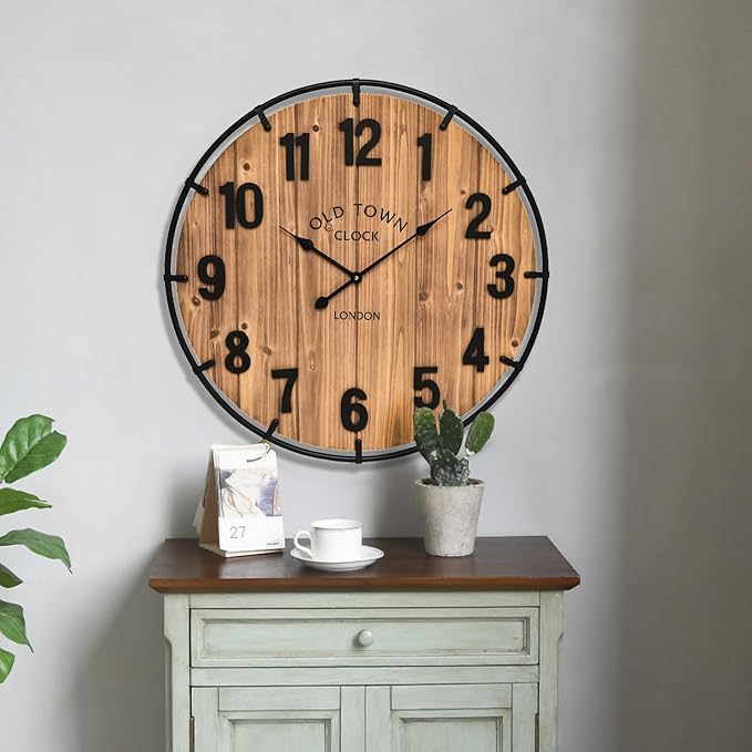 20 Inch Farmhouse Wall Clock Large Old Town Vintage Rustic Wooden Clock with Metal Rim and Large Numerals, Silent Battery-Operated for Office, Kitchen, Bedroom, and Living Room