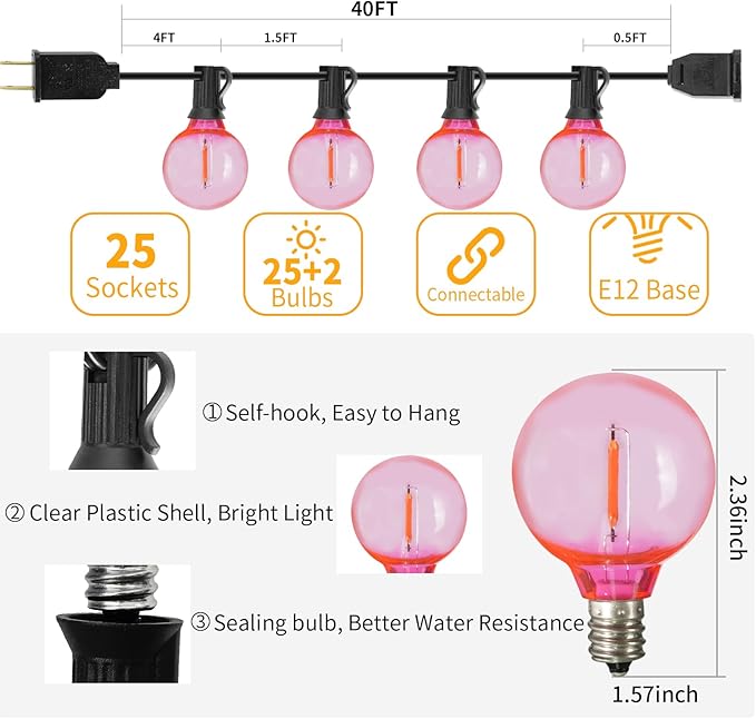 40FT LED Outdoor String Lights Waterproof, G40 LED Globe Outdoor Lights for Patio with 27 Edison Vintage Shatterproof Bulbs, Connectable Backyard Lights for Garden, Bistro, Porch, Cafe