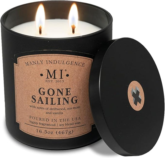 Manly Indulgence Gone Sailing Scented Candles for Men, 2 Wick, 16.5 oz, Premium Soy Blend Wax, 60H Burn, Candles for Home Scented - Made in The USA