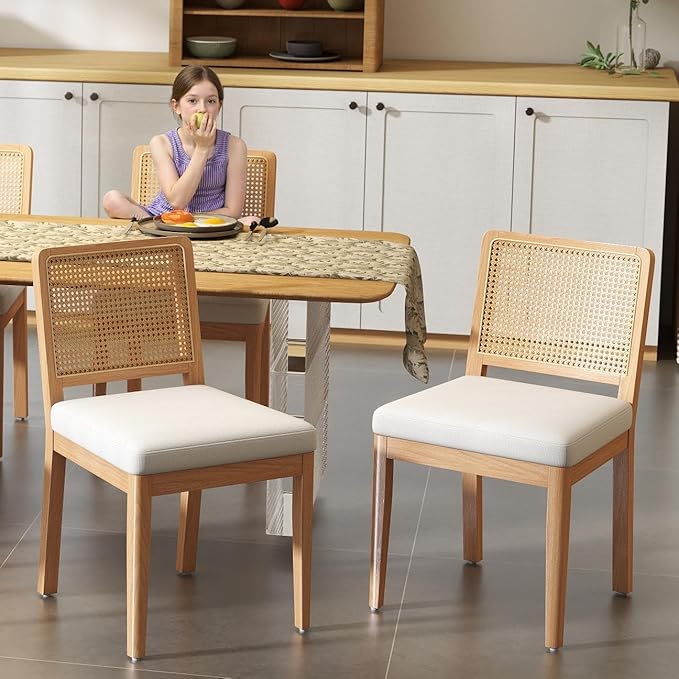 LukeAlon Farmhouse Rattan Dining Chairs Set of 2, Mid Century Modern Chenille Kitchen & Dining Chairs with Solid Wood Legs, Woven Cane Upholstered Kitchen Chairs Side Chairs for Dining Room, White