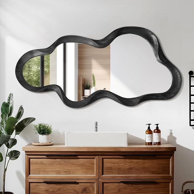 Irregular Wooden Framed Wall Mirror Modern Asymmetrical Cloud Hanging Mirror Artistic Mirror Decor Bathroom Vanity Bedroom Living Room Entryway Hallway Large 120x55cm Black