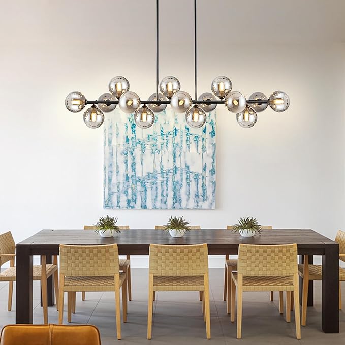 Chandelier,16-Light Large Pendant Lights Kitchen Island Linear Sputnik Chandelier Modern Chandeliers for Dining Room Bubble Gray Globe Island Lights for Kitchen Farmhouse Chandelier 55in