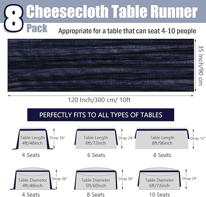 8 Pack 10 ft Navy Blue Cheesecloth Table Runner 35x120 Inches Boho Gauze Rustic Cheese Cloth Runners Long Romantic Sheer Table Runner for Wedding Bridal Shower Party Christmas Birthday Decor