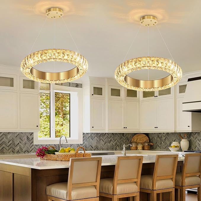 16" Ring Modern LED Dimmable Crystal Chandelier Adjustable Height Pendant Light Round Crystal Chandelier Light Fixtures for Dining Room Living Room Kitchen Island Gold