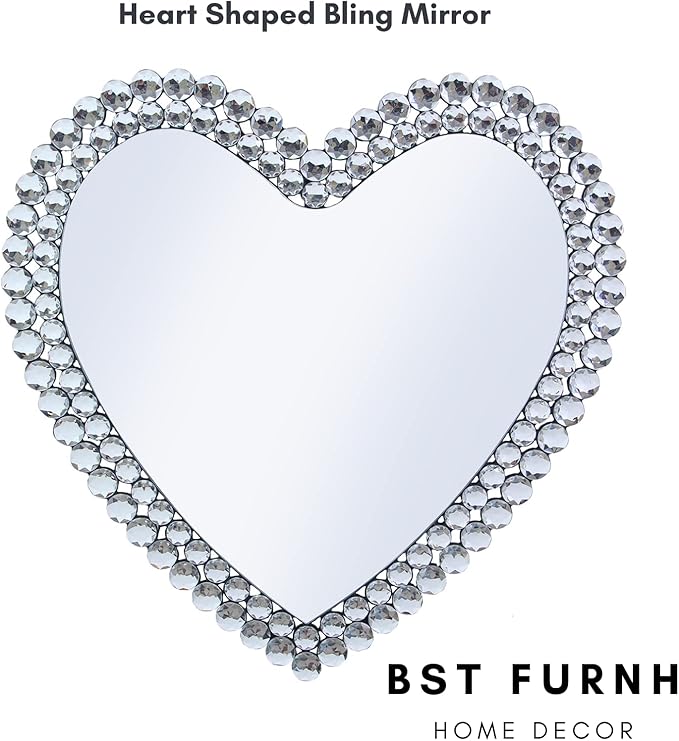 BST Furnishings Heart Shaped Mirror - 24 Inch Decorative Wall Mirror with Crystal Framed Heart