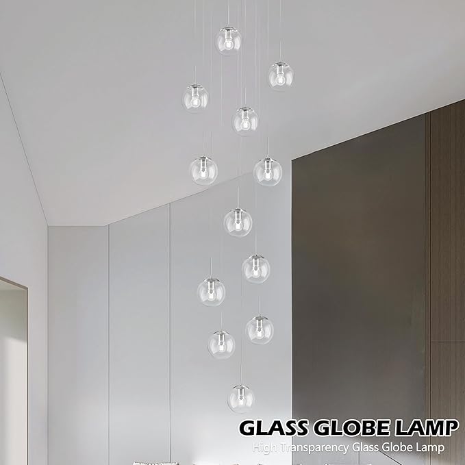 KoKo&Yukina 12-Light Nickel Mid Century Modern Chandelier for Living Room Staircase Chandelier for Entryway Clear Globe Glass Chandelier High Ceiling Chandeliers Foyer Entryway (Bulb & Remote Incl.)
