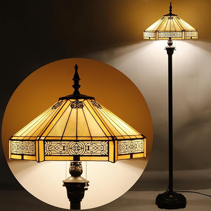 WERFACTORY Tiffany Floor Lamp Yellow Hexagon Stained Glass Mission Standing Reading Light 16X16X64 Inches Antique Pole Corner Lamp Decor Bedroom Living Room Home Office S011 Series