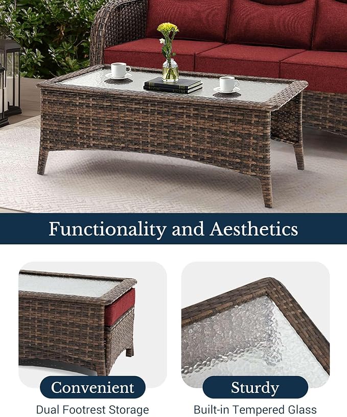 HILLGA Luxury Patio Furniture Set with 6-inch Thick Cushion, Outdoor Couch and High Back Swivel Rocker Patio Chairs, 10PCS Wicker Conversation Set for Deck Yard and Poolside, Burgundy (V2)