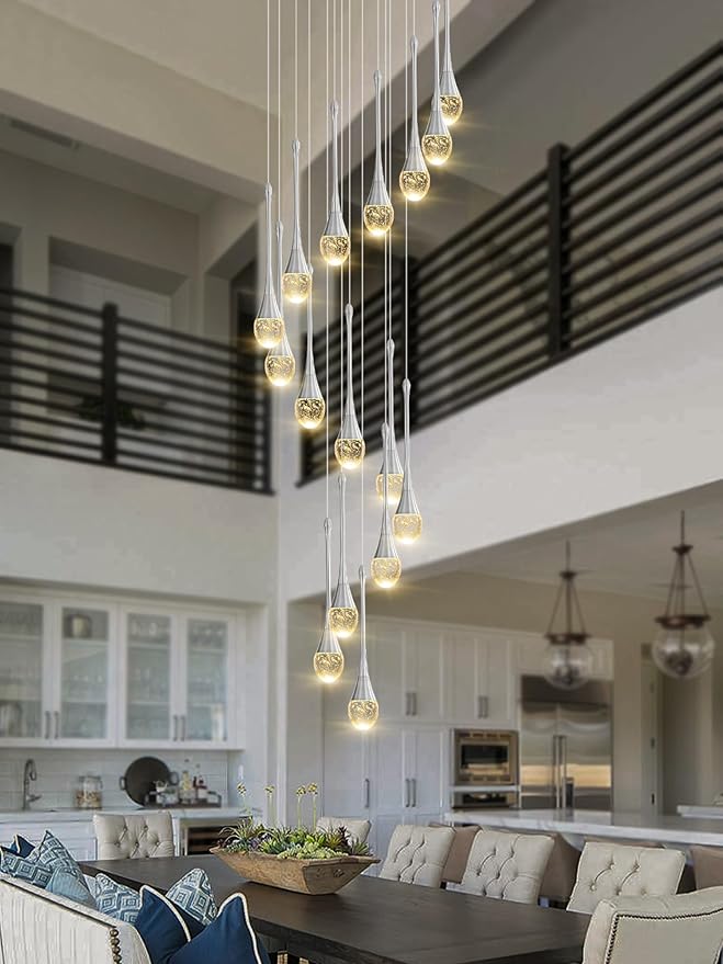 Adjustable 120'' Long Raindrop Crystal Pendant Chandelier 16Lights Silver Staircase Chandeliers High Ceiling Chandelier Loft Slanted Ceiling Fixtures LED Dimmable 2700-6000k