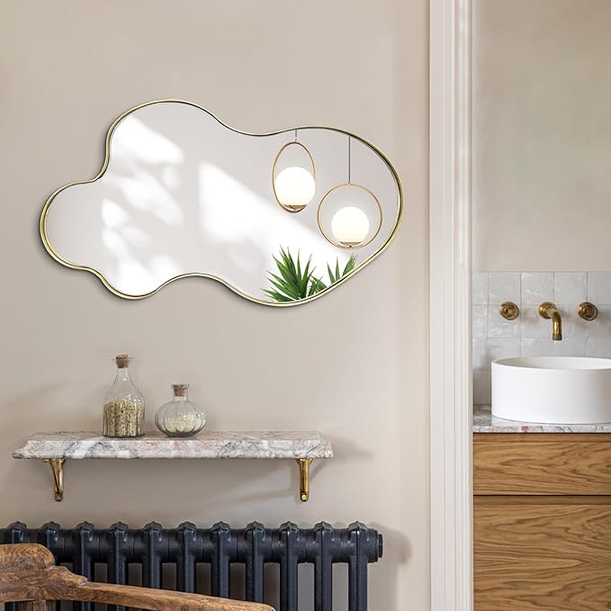 Gold Scalloped Mirror, Irregular Shaped Mirror, 30"x18" Asymmetrical Wall Mirrors Decorative, Wavy Oval Mirrors for Living Room Bathroom Bedroom Hallway Entryway Fireplace