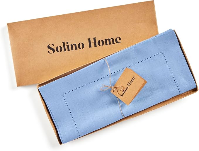 Solino Home Linen Cornflower Blue Table Runner 144 Inches Long - 100% Pure Linen Hemstitch 14 x 144 Inch Table Runner for Dining - Classic Hemstitch