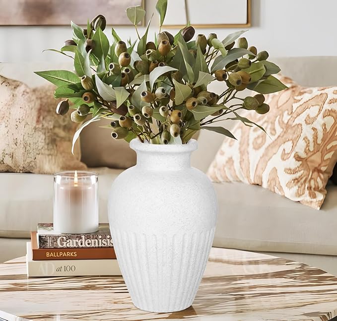 Rustic Ceramic Vase 11 Inch Farmhouse Pottery Clay Vase Distressed Flower Vases for Boho Home Decor Living Room Enterway Shelf Decor Pampas Grass - White