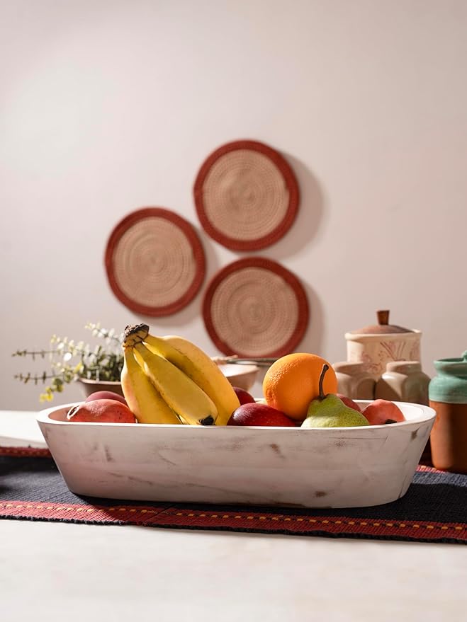 Wooden Dough Bowl - Large Rustic White Acacia Wood - Handmade Decorative Bowls for Home Decor, Bathroom, Kitchen Counter, & More - Rustic Large Wood Dough Bowl for Decor, Cosmetics, and Keys