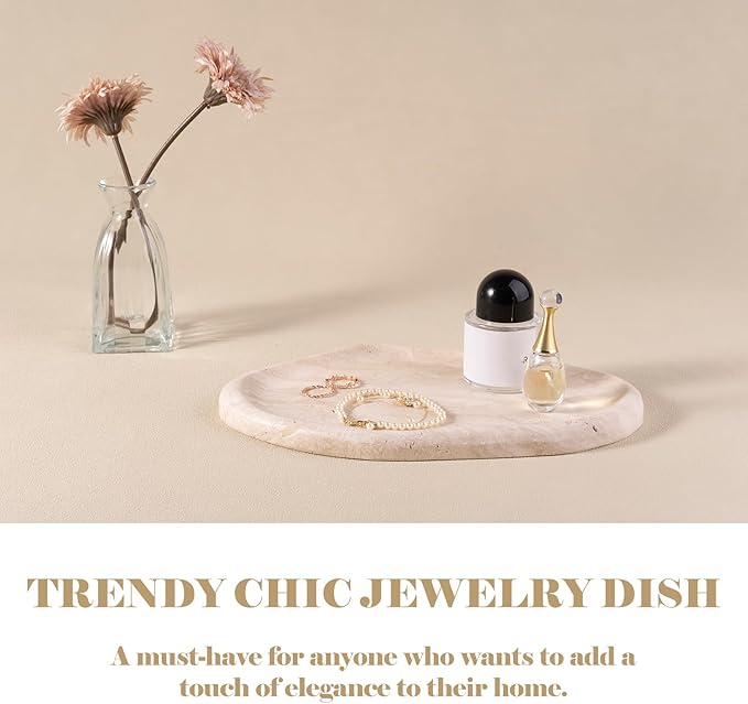 BCS Marble Jewelry Tray Trinket Dish, Decorative Cloud Vanity Key Tray for Women, Perfume Ring Holder Dish for Ring Earring, Cute Jewelry Plate Bowl Aesthetic Room Decor（Beige Travertine）