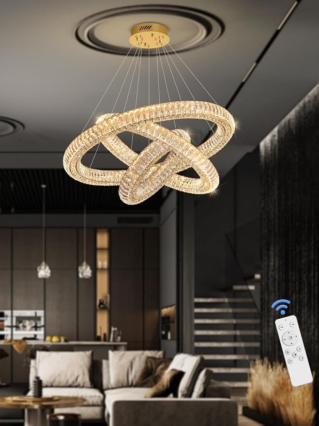 Gold 3 Rings Crystal Chandeliers for Living Room Modern LED Dimmable Crystal Ring Hanging Pendant Light Adjustable D24in+D32in+D40in