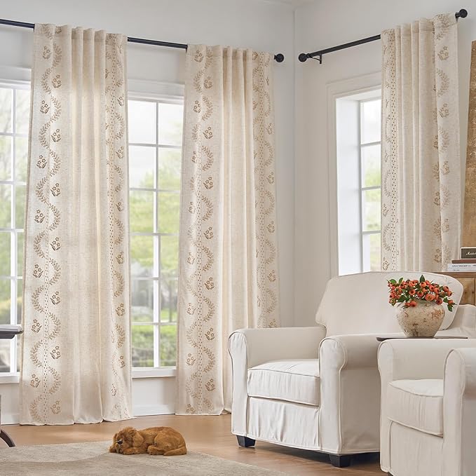 jinchan Belrose Lined Linen Blend Curtains Boho Floral Curtains for Bedroom 96 Inch Length Beige Embroidered Drapes Rod Pocket Farmhouse Flower Drapes for Living Room Window Treatments Set 2 Panels