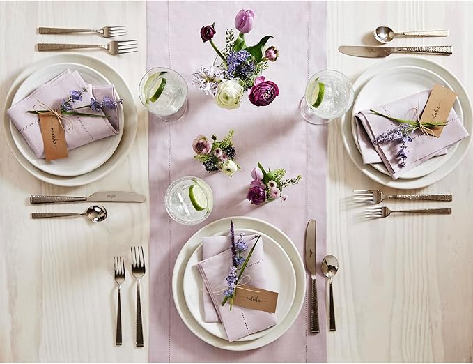 Solino Home Linen Lilac Table Runner 108 Inches Long - 100% Pure Linen 14 x 108 Inch Table Runner for Fall, Autumn, Thanksgiving, Christmas - Classic Hemstitch