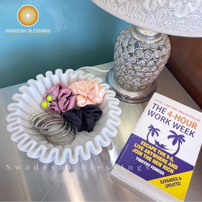 SWADESHI BLESSINGS HandCrafted Marble Ruffle Bowl/Antique Scallop Bowl/Fruit Bowl/Vintage Ring Dish/Decorative Flower Dish/HouseWarming Gift/Wedding Gifts/Urli (10 Inches)