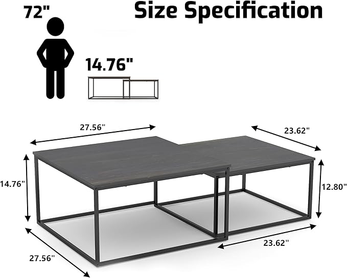 Nesting Coffee Table Set of 2,Outdoor Coffee Table,Industrial End Table Side Tables for Living Room Bedroom (Black)