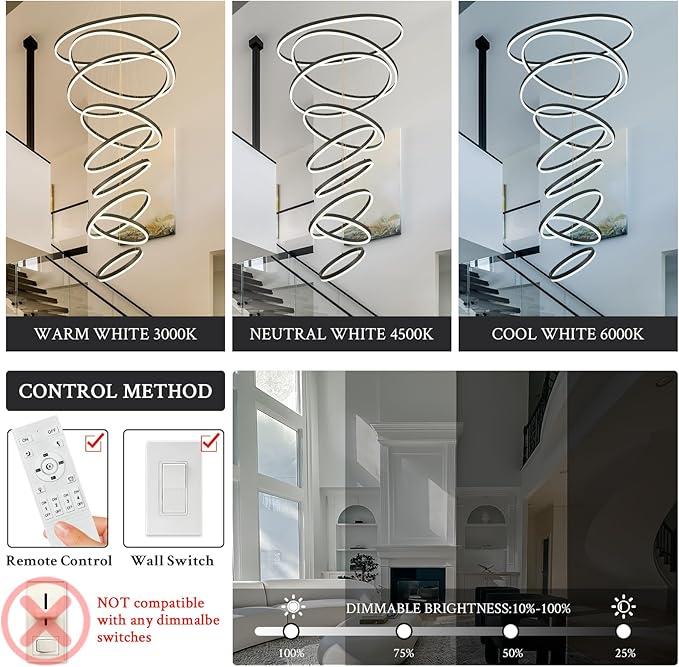 9-Rings D39.4’’ Modern LED Chandelier Black Dimmable High Ceiling Foyer Chandeliers Entryway with Remote Control for Staircase Entryway Living Room Foyer, 3000K-6500K