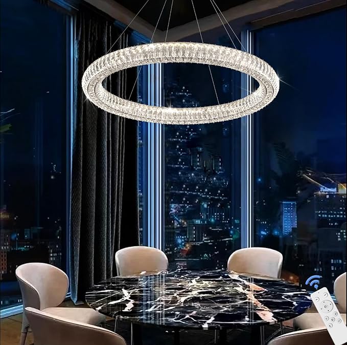 Modern Led Ring Chandelier 1 Ring Dimmable 31.5" Adjustable Round Chrome Crystal Chandelier for Dining Room Living Room