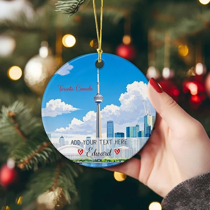 Customized Text/Name CN Tower Toronto Christmas Tree Ornament 2025, Personalized Toronto Ontario Canada Xmas Ceramic Ornament, Toronto City Skyline Travel Souvenir Keepsake Gifts for Family Friends