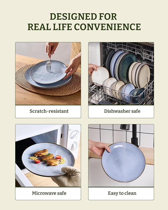 Famiware Ocean Round Plates and Bowls Set, 18 Pieces Dinnerware Sets, Dishes Set for 6, Reactive Glaze, Microwave and Dishwasher Safe, Scratch Resistant, Blue