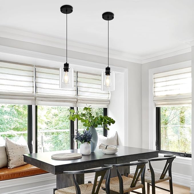 Glass Pendant Lights Kitchen Island 2 Pack, Black Kitchen Pendant Lighting Over Island, Hanging Light Fixtures Modern Pendant Lights for Hallway Entryway Bedroom Dining Room