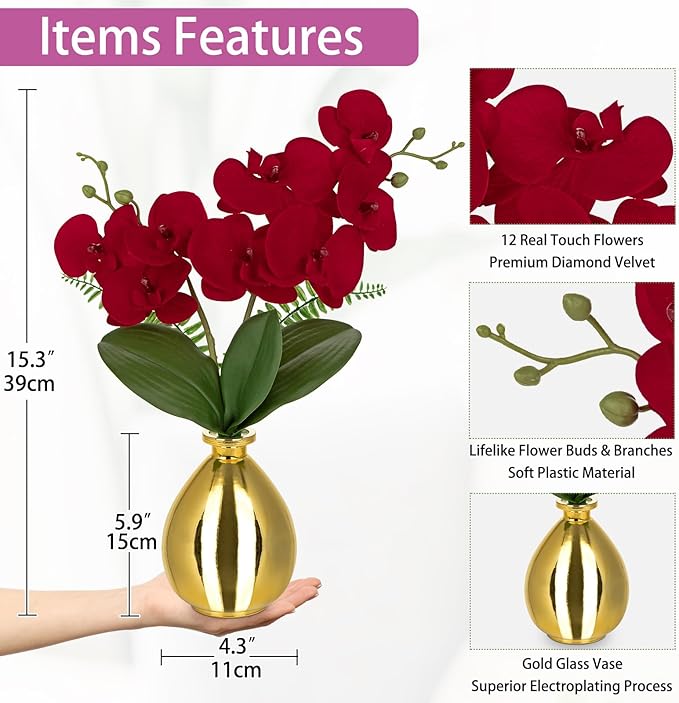 Red Orchids Artificial Flowers, Faux Orchid in Glass Vase Real Touch Small Phalaenopsis Orchid Flowers Arrangements with Gold Vase Orchids Centerpiece for Dining Room Table