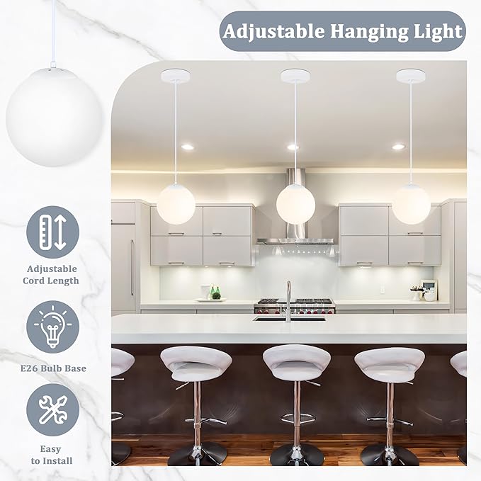 KoKo&Yukina 8 Inch Globe Pendant Light White Globe Pendant Lights Kitchen Island Mid Century Light Fixture with Milky White Glass Shade Adjustable Cluster Lights for Dining Room Living Room