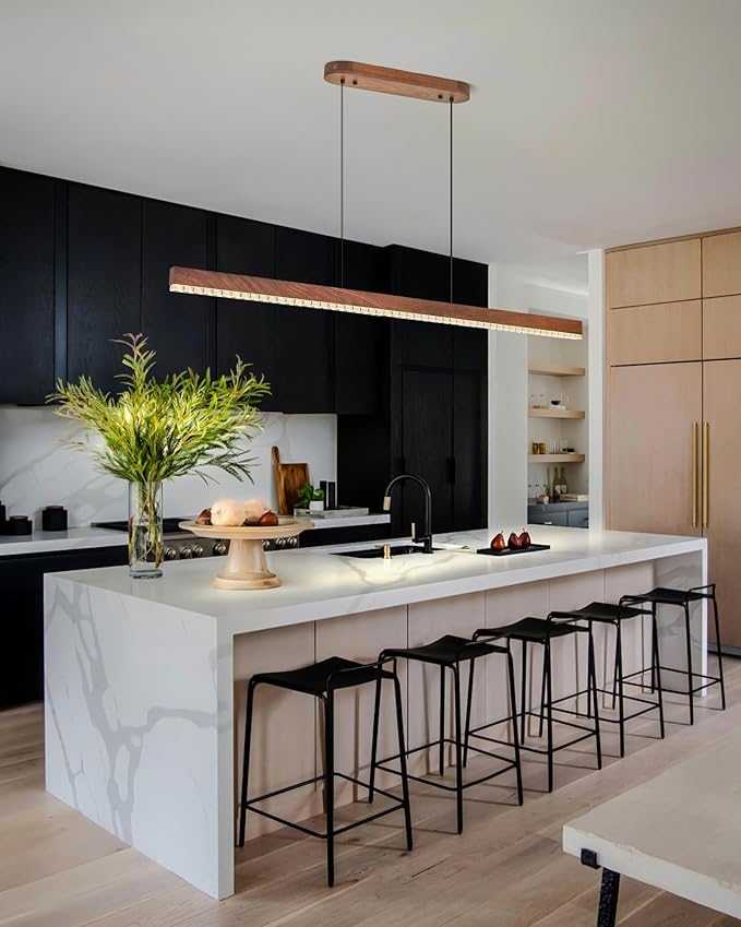 59" Wood Linear Pendant Light, Dimmable Kitchen Island Lighting with Remote, 30W LED Island Lights for Kitchen, Adjustable Linear Chandelier for Dinning Room Light Fixture, Bar, Pool Table - Walnut